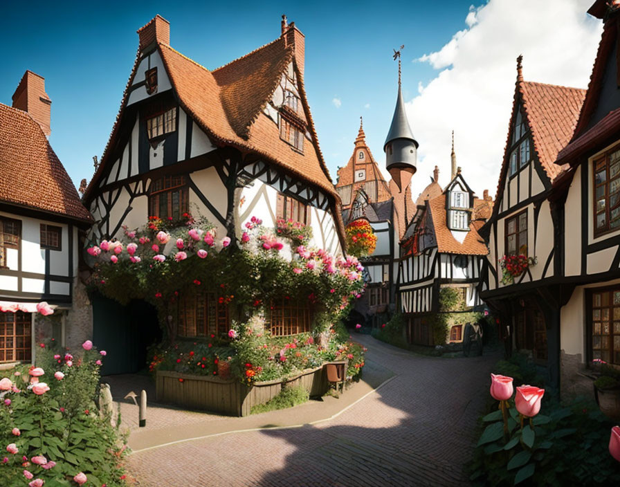 Half-Timbered Houses in Medieval European Village Street