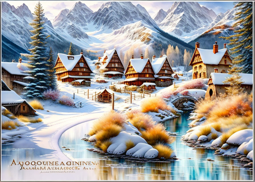 Snow-covered chalets, river bridge, mountains in warm-hued winter village scene