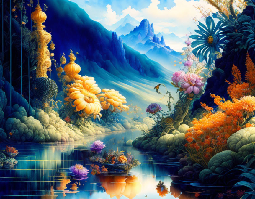 Fantasy landscape with luminous flowers, tranquil waters, lush foliage