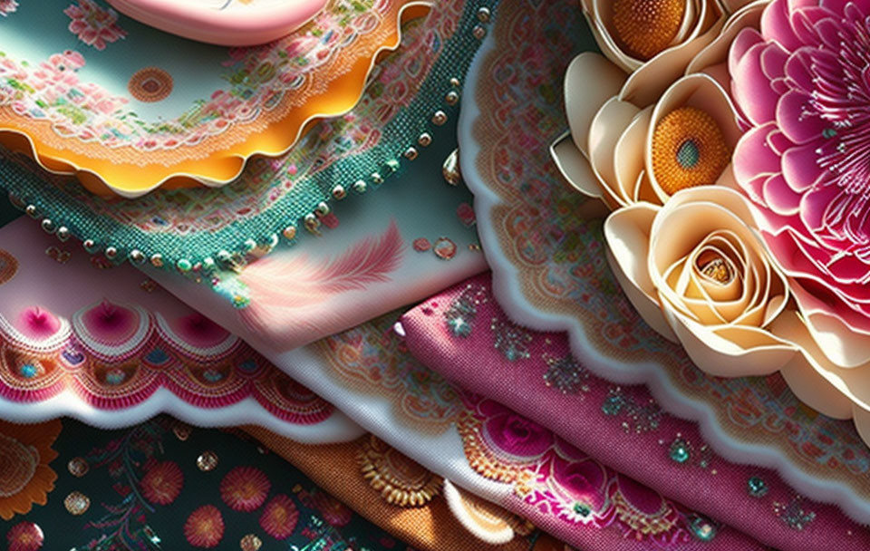 Textured layers of floral and beaded patterns in pink, orange, and blue hues