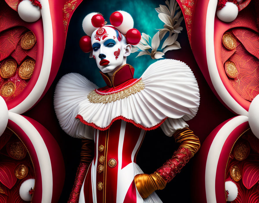 Theatrical character in white-blue makeup and ornate red costume