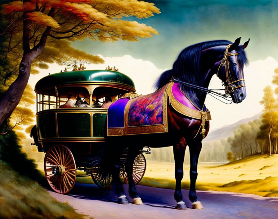 Majestic horse pulling ornate green and gold carriage in autumnal landscape