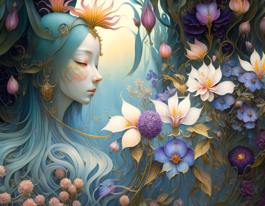 Illustration of female figure with blue flowing hair and golden accents among vibrant stylized flowers