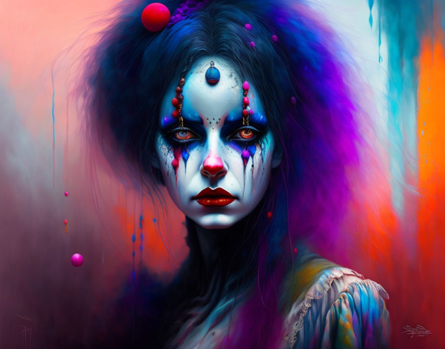 Colorful surreal portrait: woman with dark makeup, teardrop motifs, vibrant hair, floating orbs