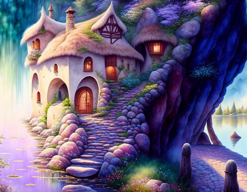 Whimsical cottage in a tree with lit windows and stone path