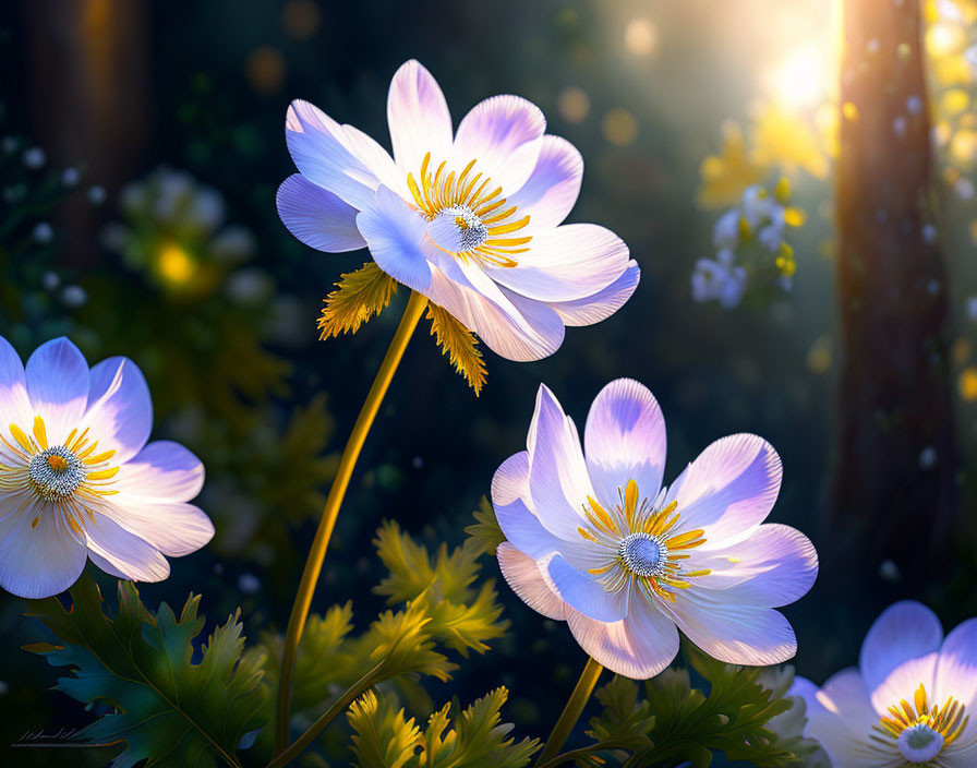 Sunlit Forest: White Anemone Flowers with Yellow Centers in Luminous Display