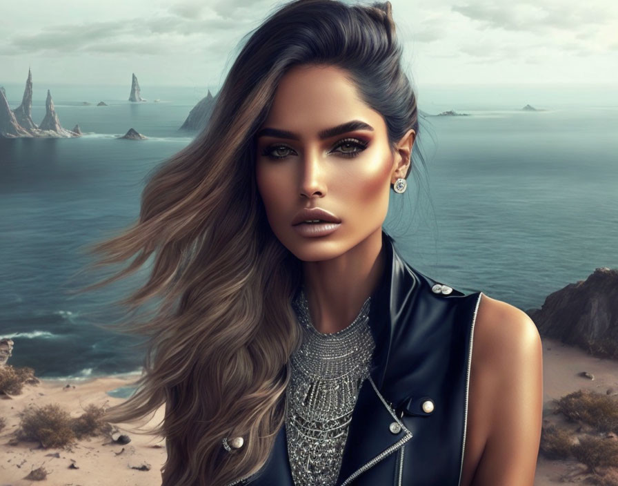 Wavy-haired woman in black leather vest with coastal backdrop.