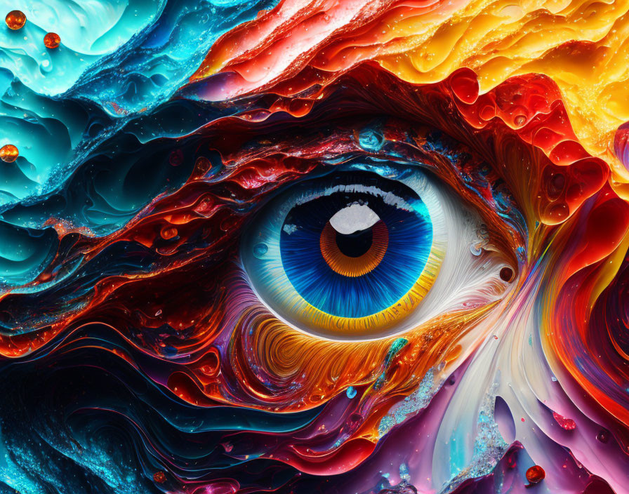 Colorful surreal eye surrounded by swirling liquid textures