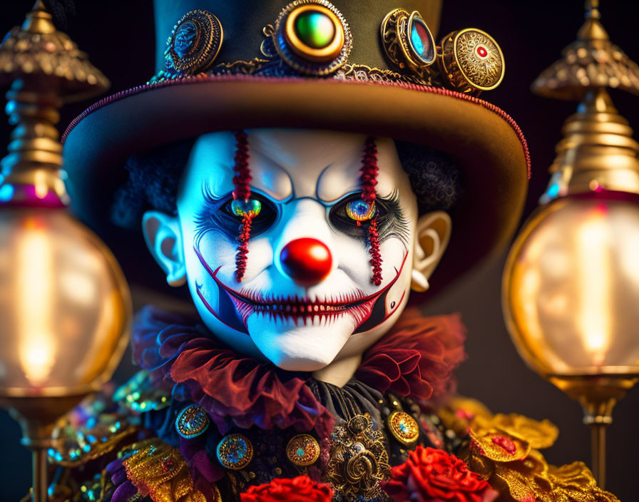 Colorful clown with ornate hat, ruffled collar, intricate makeup, and glowing lanterns on