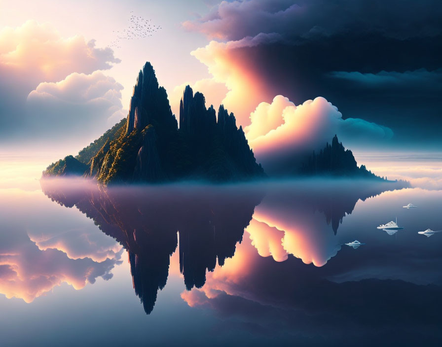 Tranquil landscape with mountain island reflected in calm water