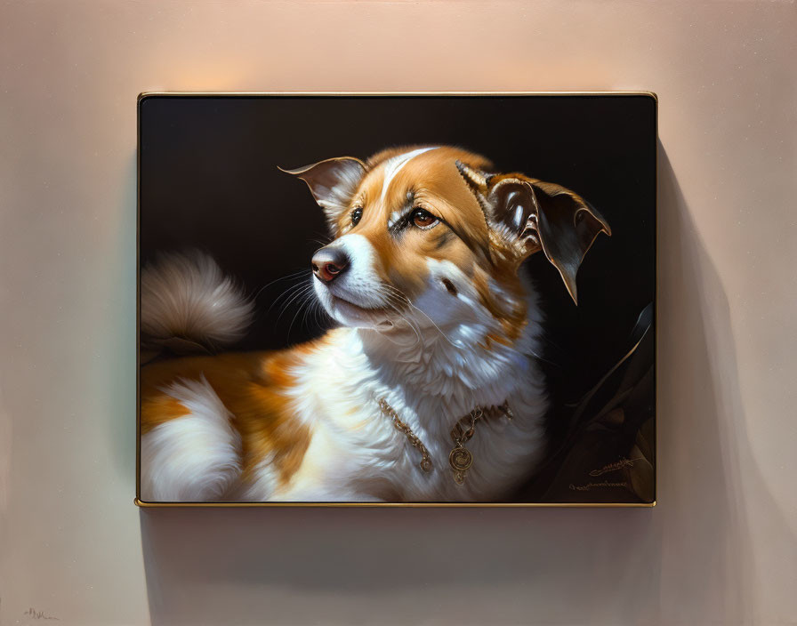 Brown and White Dog with Gold Chain in Noble Pose on Dark Background