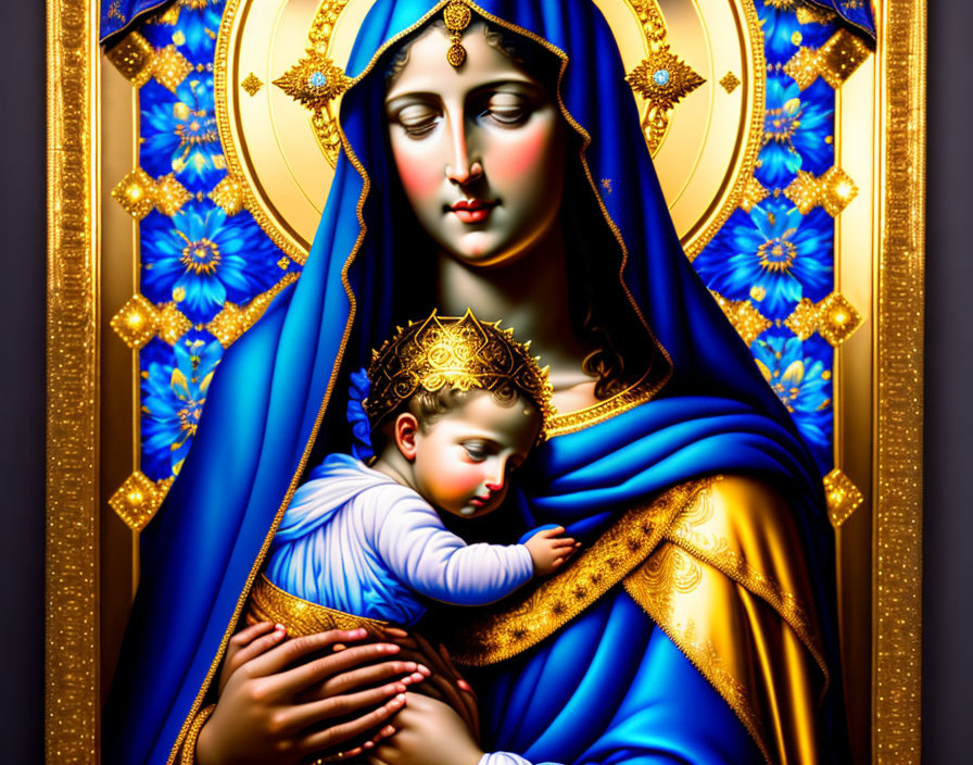 Religious artwork: Virgin Mary holding baby Jesus in blue and gold robes with ornate halo and stained