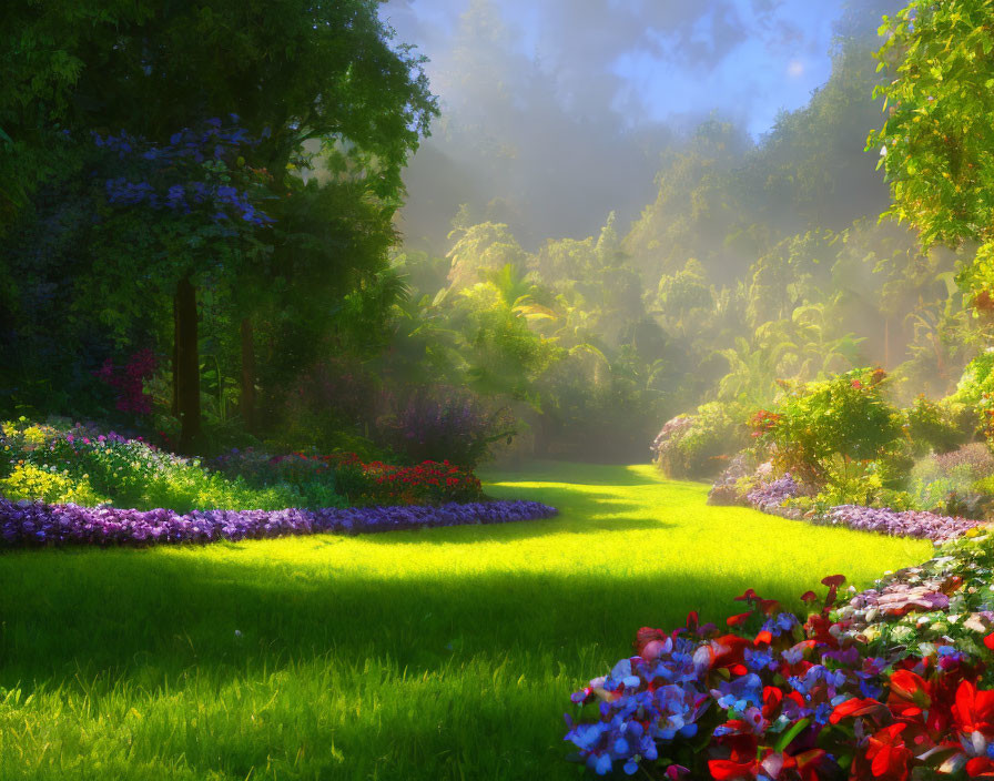 Lush garden with colorful flowers under sunny sky