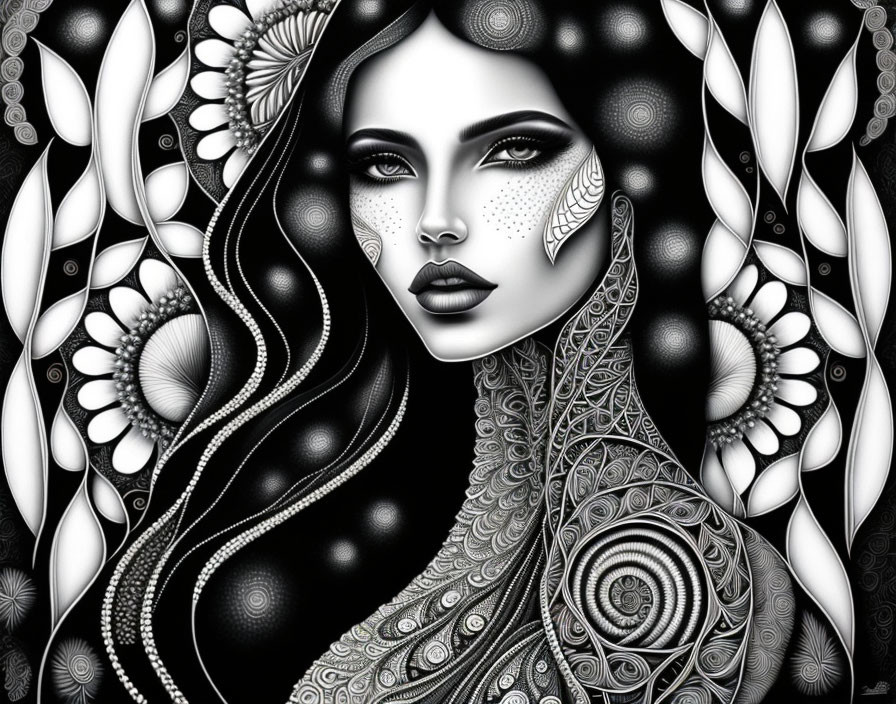 Monochromatic digital art: Woman with intricate patterns and stylized floral elements.