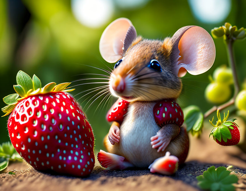 Anthropomorphized mouse with strawberry outfit next to large strawberry