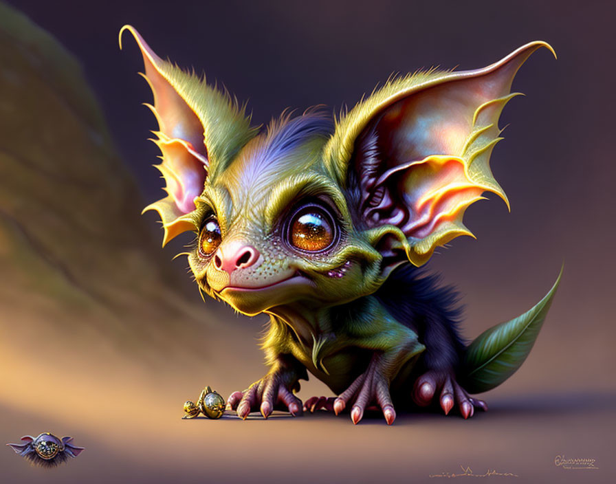 Whimsical bat-like creature with vibrant wings and shiny objects