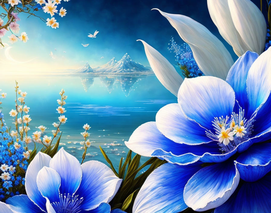 Digital Artwork: Oversized Blue Flowers, Lake, Snowy Mountains, Flying Birds