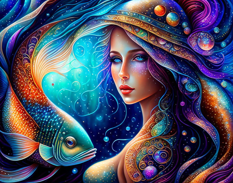 Illustration of woman with flowing hair and aquatic elements, including fish and swirling patterns.