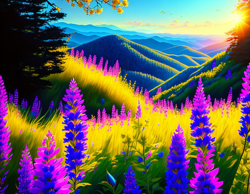 Colorful landscape with purple flowers, sunlit valley, and blue mountains under a bright sky.