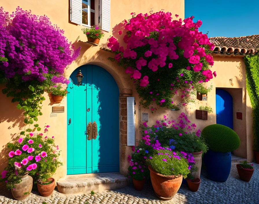 Mediterranean house facade with blue door and bougainvillea bush