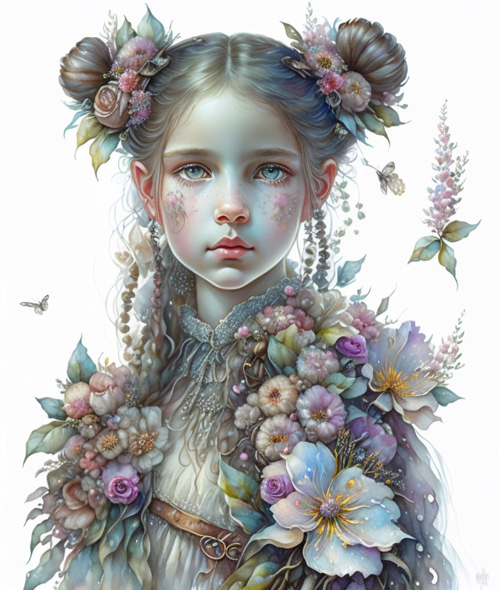 Surreal portrait of young girl with floral and butterfly elements in pastel tones