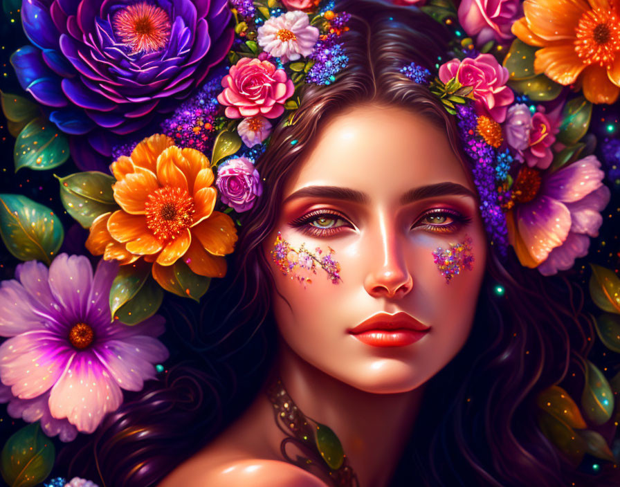 Colorful Digital Illustration: Woman with Floral Hair Adornments