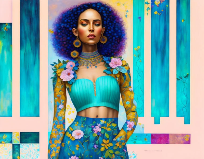 Elaborate blue outfit woman digital artwork