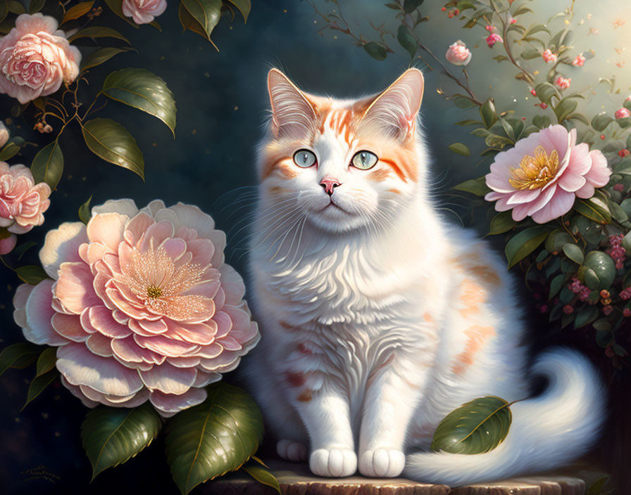 Orange and White Cat with Blue Eyes Surrounded by Flowers and Greenery