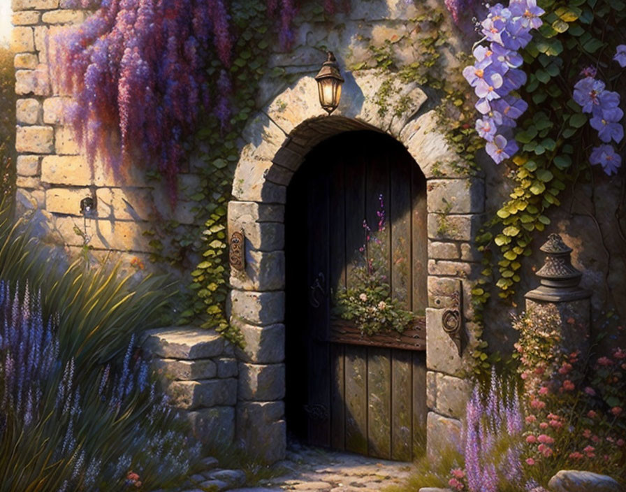 Stone wall with arched wooden door, purple and pink flowers, lantern light