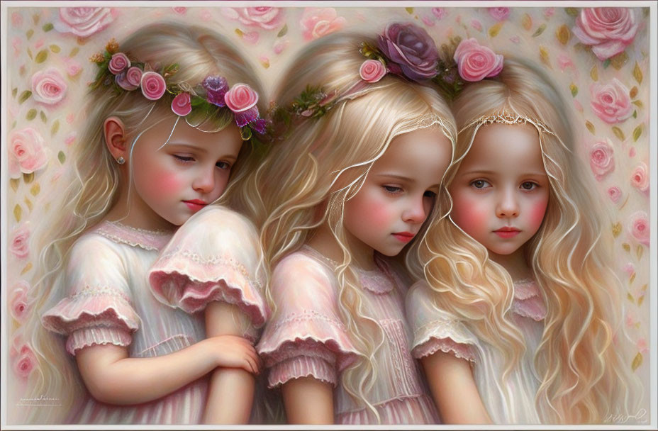 Three young girls with floral headbands in soft pastel tones.