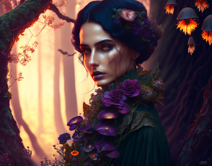 Woman with Blue Hair and Purple Flowers in Enchanted Forest