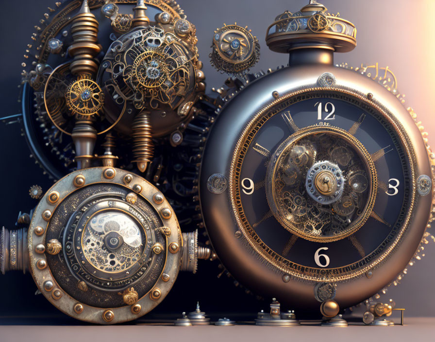 Steampunk apparatus with gears and clocks in bronze-gold palette