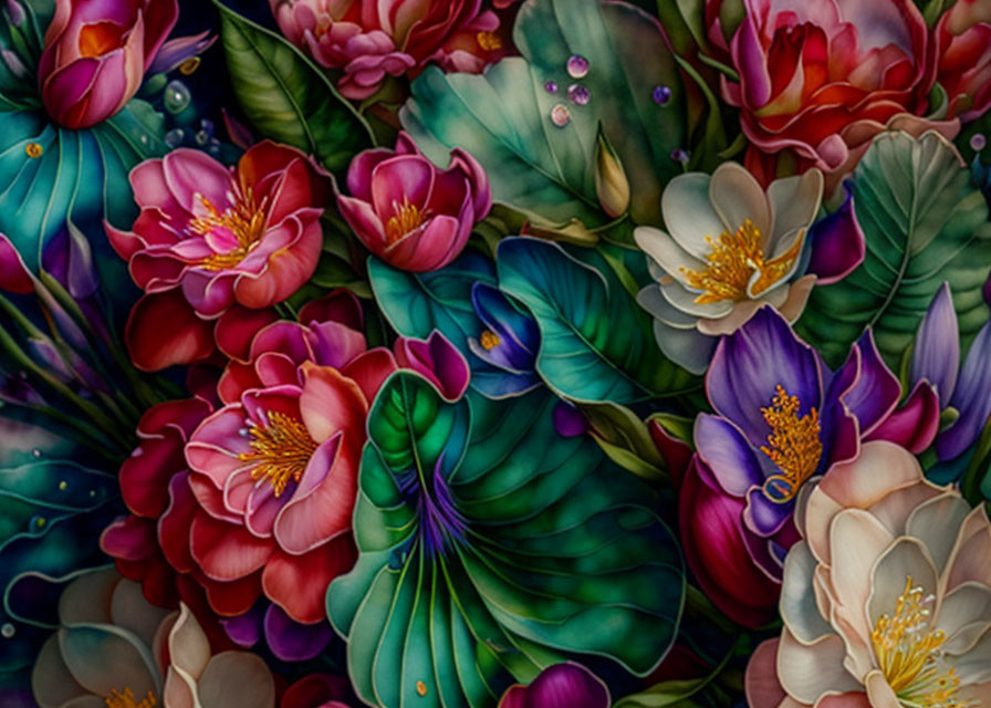 Detailed illustration of lush, multicolored flowers with vibrant pink, red, purple, and green shades