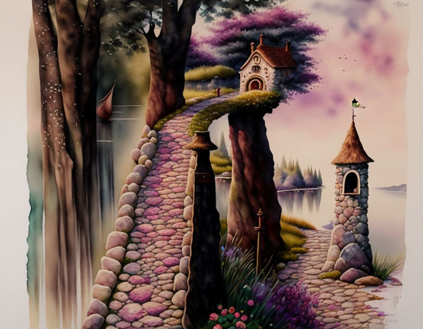 Whimsical painting of storybook landscape with stone path, quaint house, sailboat, tower,