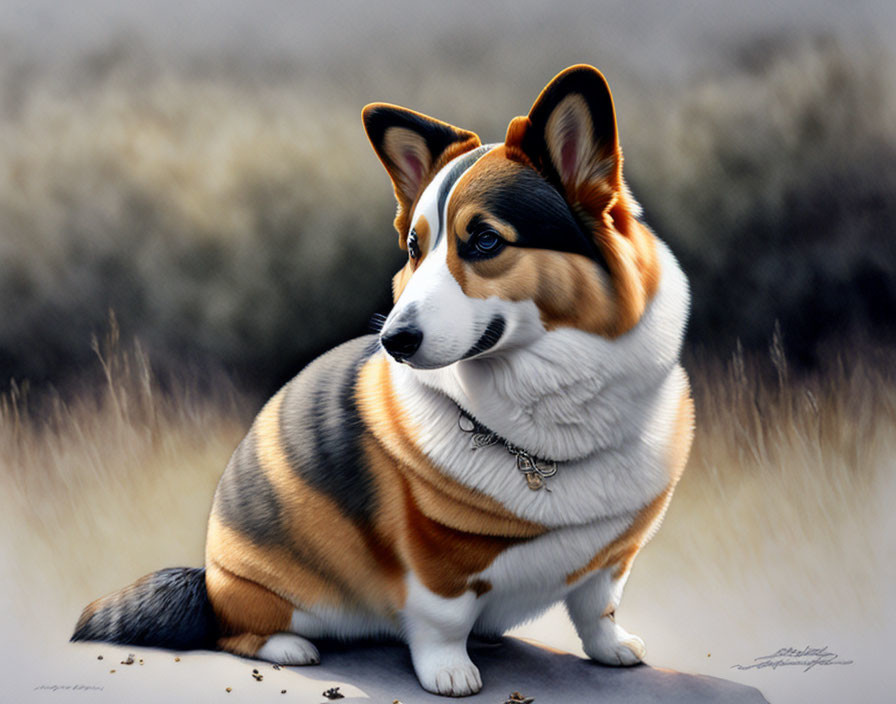 Tricolor Pembroke Welsh Corgi sitting with pointed collar, alert ears, and bushy tail