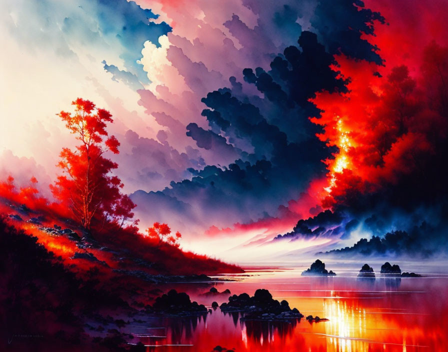 Tranquil lake at sunset with red and blue clouds reflecting.