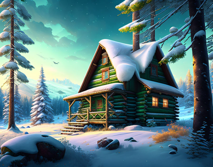 Snow-covered log cabin in serene winter forest at dusk