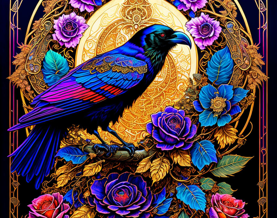 Colorful Art Nouveau Raven with Gold Patterns and Flowers