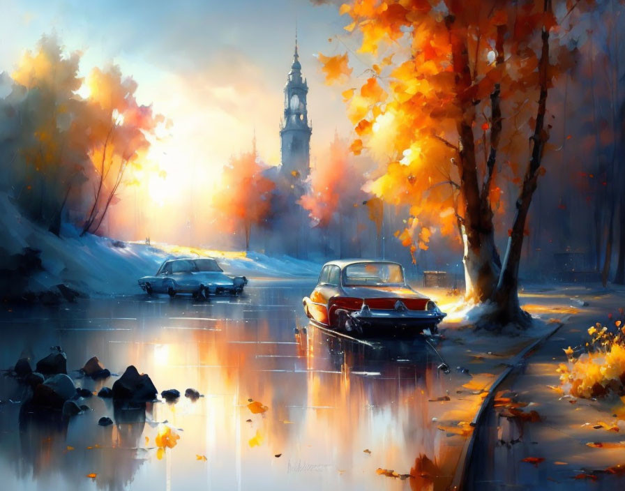 Vibrant autumn landscape with orange trees, vintage cars, wet road, and sunset tower