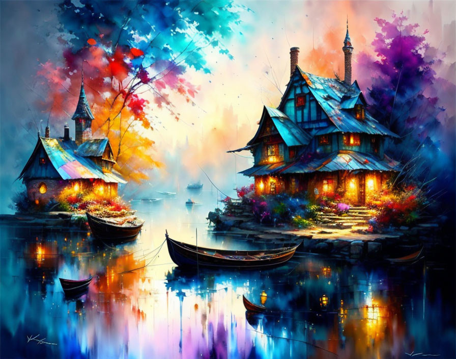 Colorful Lakeside Painting with Cottages, Church, Boats, and Whimsical F