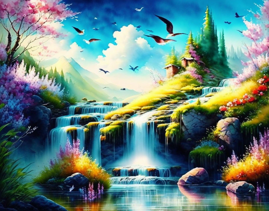 Colorful landscape with waterfall, greenery, flowers, and birds under blue sky