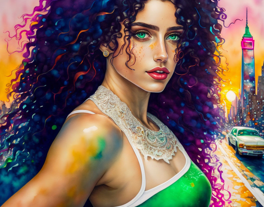 Colorful digital artwork: Woman with curly hair and green eyes in abstract cityscape.