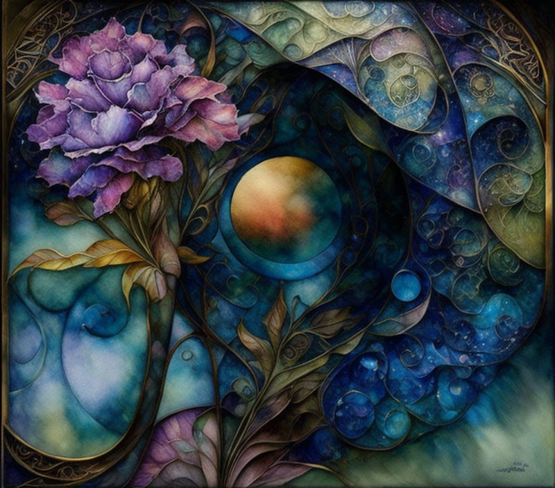 Purple flower with golden tendrils and swirling blue patterns in fantasy painting