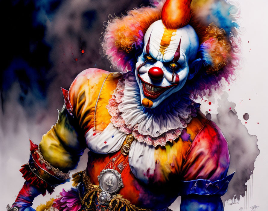 Menacing clown illustration in traditional outfit with modern twist on dark background