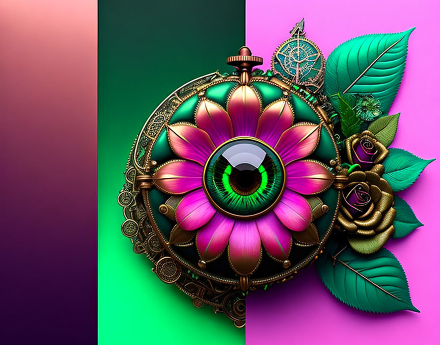 Steampunk compass with eye motif and mechanical flora on colorful backdrop