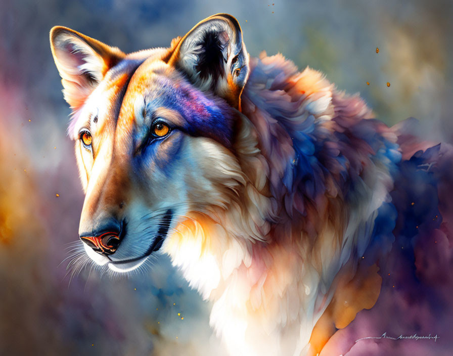 Colorful Digital Painting of a Wolf in Dreamy Background