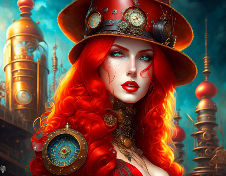 Red-haired woman in steampunk attire with top hat and compass necklace.