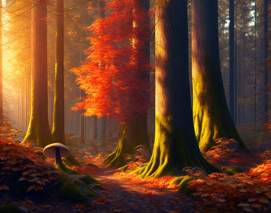 Sunlit forest pathway with red leaves, towering trees, autumn hues, and a lone mushroom.