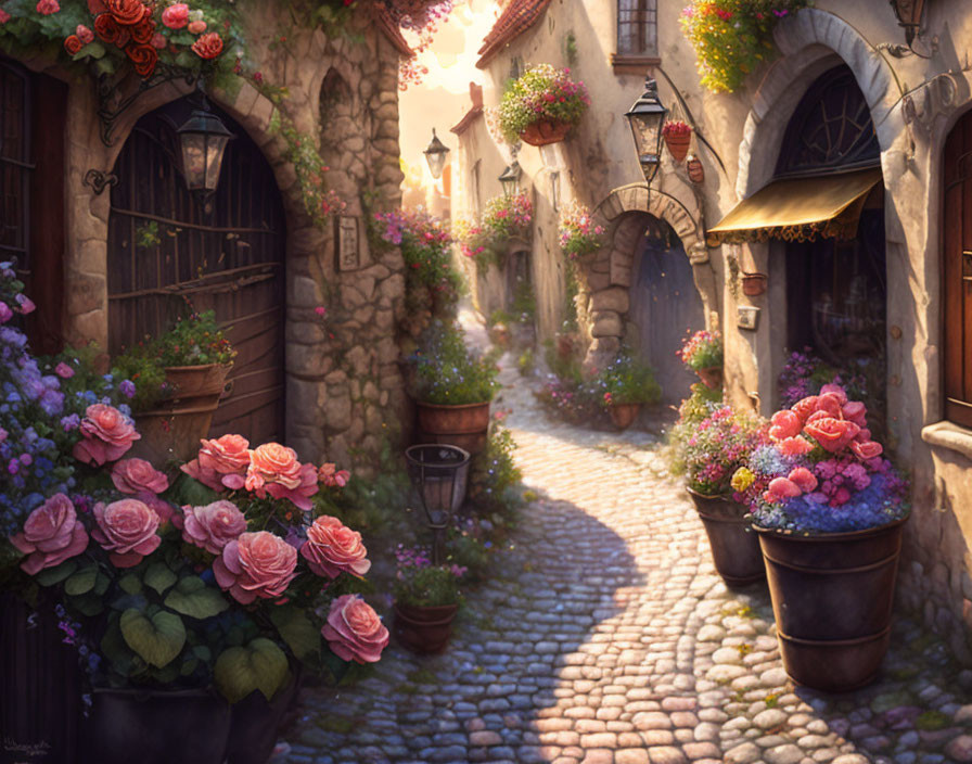 Charming cobblestone street with flowers in old-world village