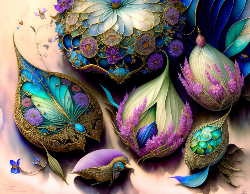 Colorful Artwork Featuring Ornate Flowers and Butterflies